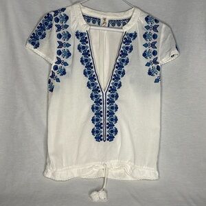 SPELL SANTORINI white and blue embroidered blouse boho tassel v neck top SIZE S